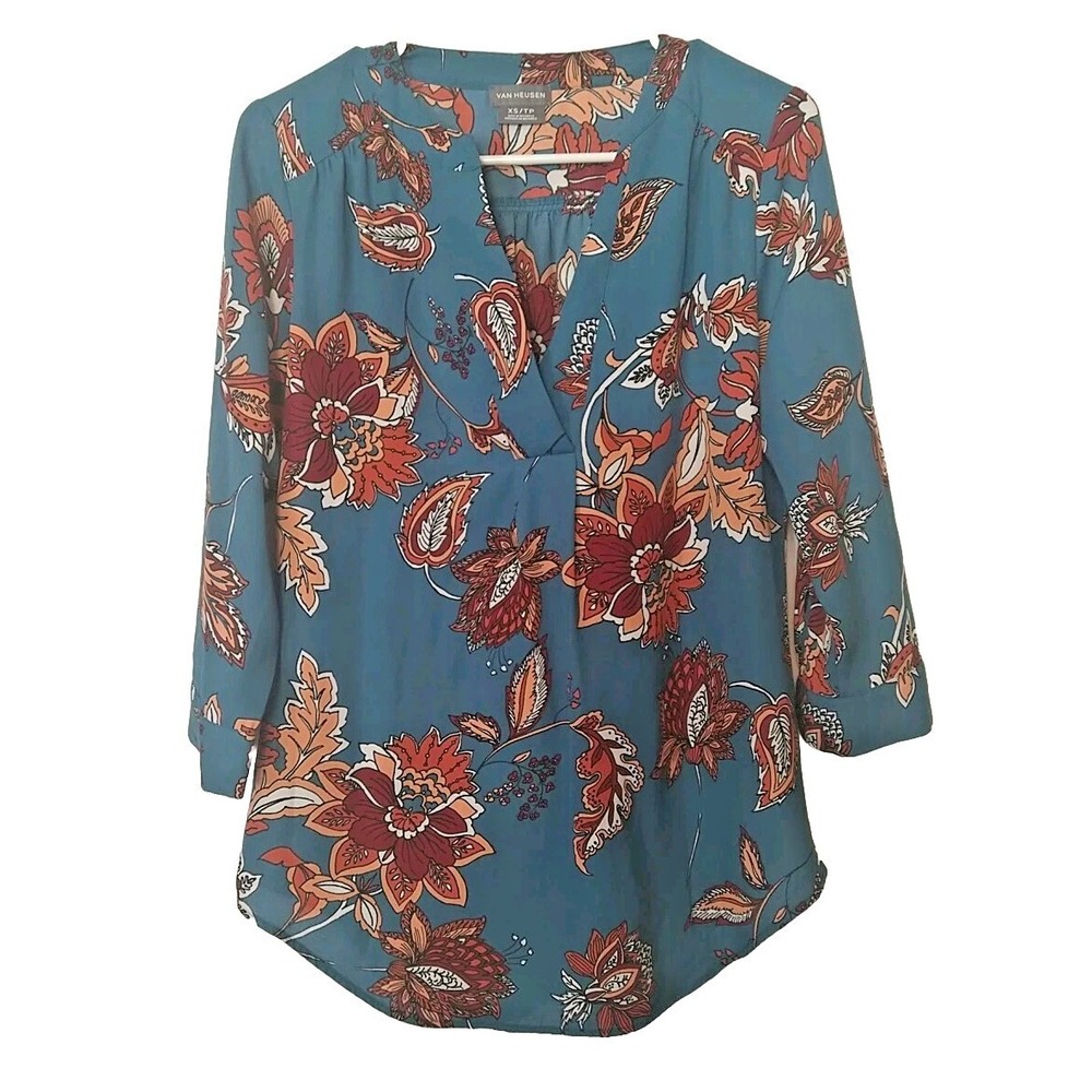 Van Heusen V-Neck Floral Turquoise 3/4 Sleeve Pullover Blouse  Size XS